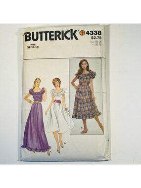 1980s Butterick 4338 Sz 12-14 Boho Ruffled Dress Sewing Pattern Three Lengths CC